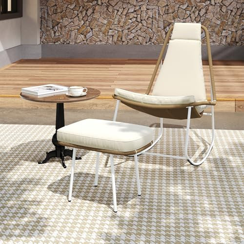 Schaukelstuhl-Set 2-tlg. Balkonmöbel-Set aus verzinktem Stahl, handgeflochtenes Seil, mit Fußstütze, Stühle mit einer Tragkraft von 160 kg, geeignet für Terrasse, Garten und Balkon, Beige und Braun