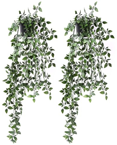 TIED RIBBONS 2 Artificial Hanging Plants with Pots | 29 Inch | Fake Hanging Plants with Vines Leaves, Faux Plants for Home Decoration Indoor Outdoor, Wall Decor for Bedroom, Christmas Décor