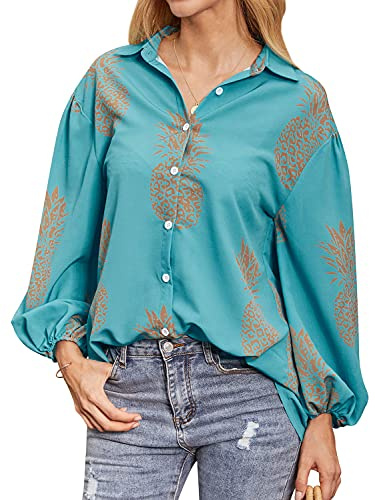 Yihelian Women Long Sleeve Shirts Pineapple Printed V Neck Top Buttons Down Blouse for Summer Autumn Lake Blue