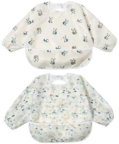 Little Dimsum Lätzchen Baby Lätzchen mit Ärmeln, Wasserdicht Abwaschbar Ärmellätzchen, Baby Bibs Set für Kleinkinder mit Großer Tasche (6-36 Monate) - 2er-Pack