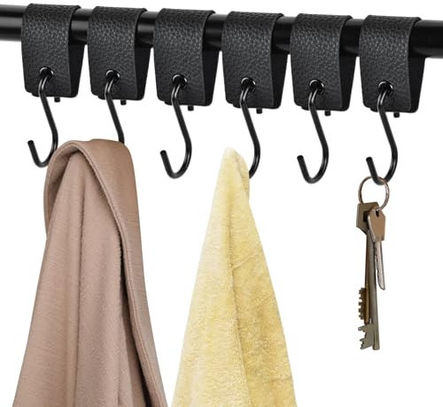 Anseom Gancio a S con Passante in Pelle 6 Pcs, Gancio Appendiabiti in Metallo Nero Ganci a S in Pelle Multifunzione, ganci Attaccapanni ganci da Campeggio per Cucina Camera da Letto Bagno Ufficio
