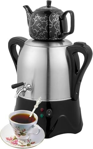 OZPPM Electric Turkish Tea Maker, Electric Samovar with Keep Warm Function, 3L Stainless Steel Teapot and 1L Ceramic Teapot, for Coffee, Scented and Turkish Tea