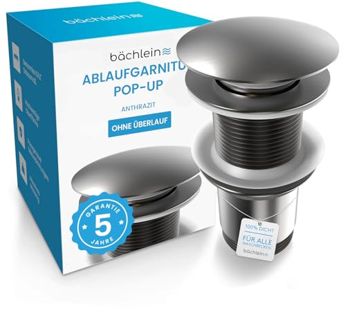 Bächlein Universal avloppssats utan bräddavlopp (antracit) – popup-ventil för tvättställ och handfat – avloppsventil av mässing med installationsinstruktioner