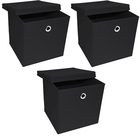 A406 Storage Cube Organiser Box with Lid, 27-inch, Foldable Fabric, Set of 3, Collapsible Fabric Storage Cube Black, Blue, White Grey (Black)