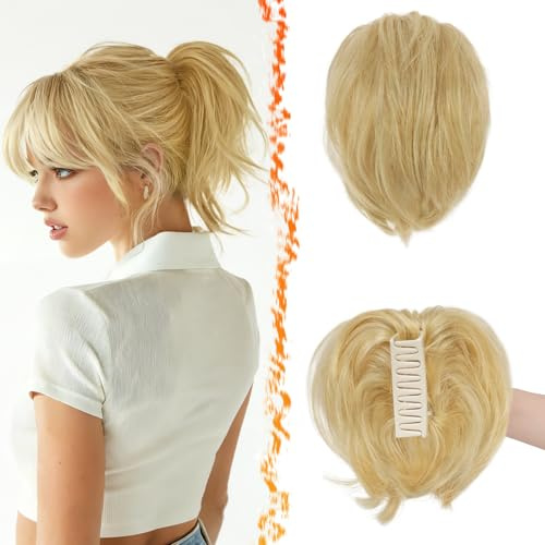 BARSDAR Corto Capelli Veri Coda di Cavallo Extension con Flessibili Metalli, DIY Stili 20cm Clip Artigli Capelli Veri Messy Chignon Posticci per Donne Spessi Naturale Corto Biondo Coda di Cavallo