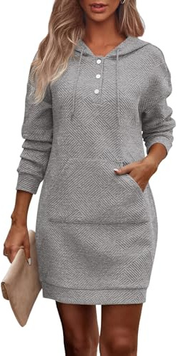ABYOVRT Robe Sweat à Capuche Femme Manches Longues Robe Pull décontractée en Tissu Gaufré avec Poche et Boutons,Gris,L