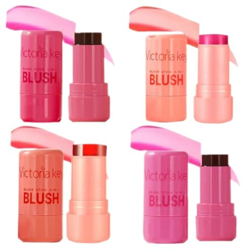 Lot de 4 bâtons de blush en gelée, poudre de rouge, couleur longue tenue peut être utilisé en superposition convient aux joues aux yeux et aux lèvres convient aux filles et aux femmes (1)