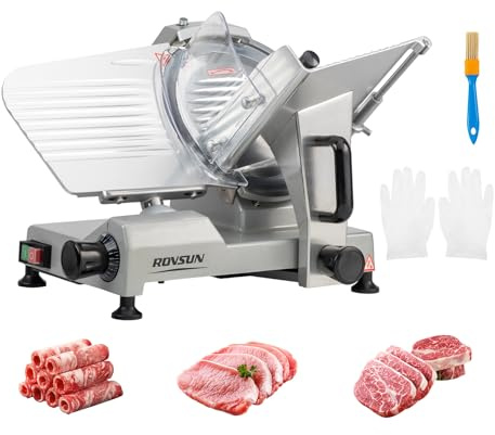 ROVSUN 10inch Commercial Meat Slicer, 300W Electric Deli Food Slicer with Premium Chromium-plated Steel Blade, 0-12 mm Adjustable Thickness, ETL Certified for Frozen Meat Ham Baguett Steak, Silver