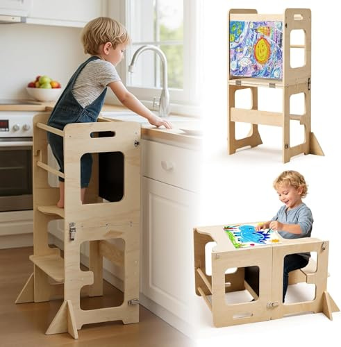 Labebe Torre di Apprendimento per Bambini 4 in 1 Pieghevole, Montessori Torre di Osservazione con Lavagna Nera, Torre di Apprendimento in Legno, Anti-Ribaltamento, da 18 Mesi in su
