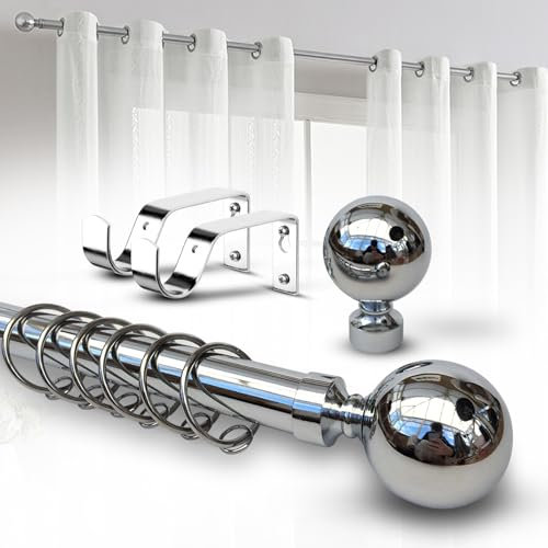 Imperial Rooms Plain Metal Ball Curtain Poles Metal Extendable - Includes Chrome 120-210 Cm Curtain Rod, Finials, Rings, Brackets & Fittings Set