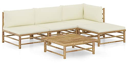 vidaXL Set de Muebles de Jardín 5 Piezas Mobiliario Exterior Terraza Hogar Cocina Mesa Silla Asiento Suave con Respaldo Bambú y Cojines Blanco Crema