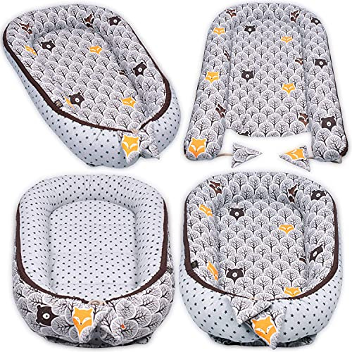 Paluli - Juego de Cuna de 5 Piezas con Nido para bebé, 90 x 50 cm, cojín extraíble, cojín Cervical, cojín Plano, para bebés, 100% algodón Oeko Tex (Bosque Gris)