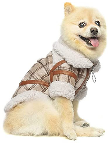 Hunde-Wintermantel mit Reißverschluss, kariert, Lammwolle, warme Hundejacke, Outfit, Hundekleidung, winddicht, für Welpen, kleine und mittelgroße Hunde (S: Khaki)