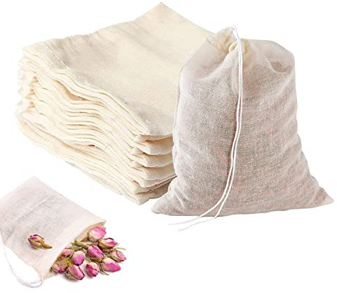 100 pcs Sachets Filtre à Thé Reutilisable Sachet de The a Remplir en Mousseline de Coton avec Cordon Sachet The a Remplir Bio pour Herbes, Thé en Vrac, Café (8 x 10 cm)
