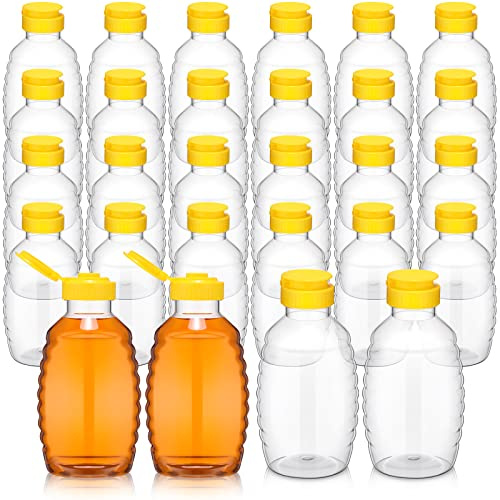 24 Pcs Clear Plastic Honey Bottles Plastic Skep Style Jar Honey Squeeze Bottle Empty Refillable Honey Dispenser with Flip Top Lids Leak Proof Honey Containers Holders for Storing and Dispensing (16oz)