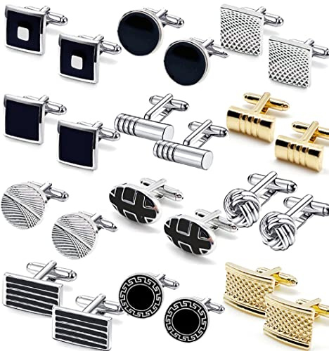 SROBENZ 12 Pairs Cufflinks for Men Classic Tone Cuff Links Silver Black Striped Disc Square Rectangle Cuff Links Shirt Suit Men's Cufflinks For Wedding Groom Business Elegant Item