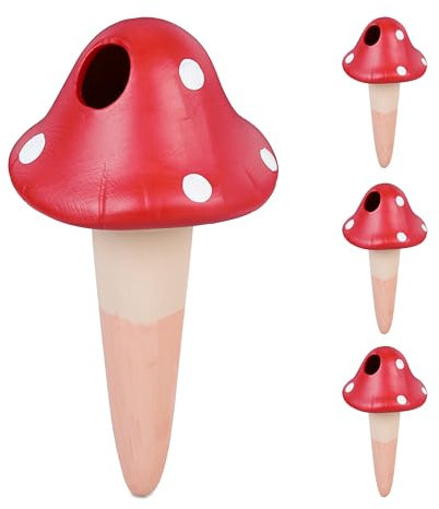 Relaxdays 4 Picos de Riego con Forma de Setas, 110 ml c/u, Autorriego Plantas de Interior, Regadores, Terracota/Rojo, Cerámica