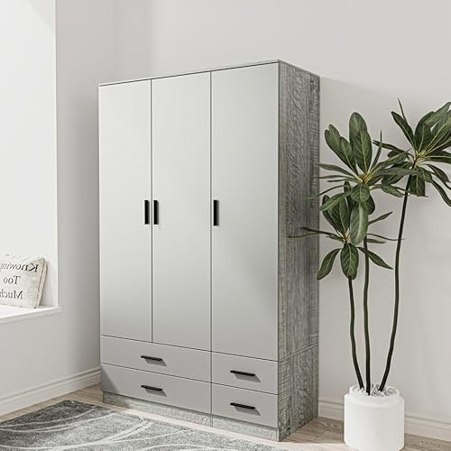 URBNLIVING Modern 3 Door 4 Drawer Wardrobe with Hanging Rail, Bedroom Furniture, Storage Shelf Clothes Organiser Stylish Design, Ample Storage Solution (Ash Grey & Grey)
