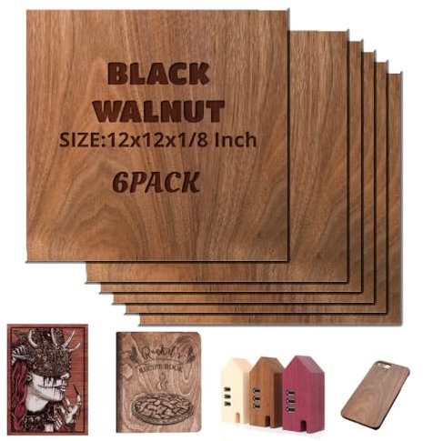Uadme Contrachapada 3mm, 6 Piezas Tablero de Madera 30x30 cm, para Bricolaje, Pirograbado Corte Laser CNC Modelado (Nogal negro)