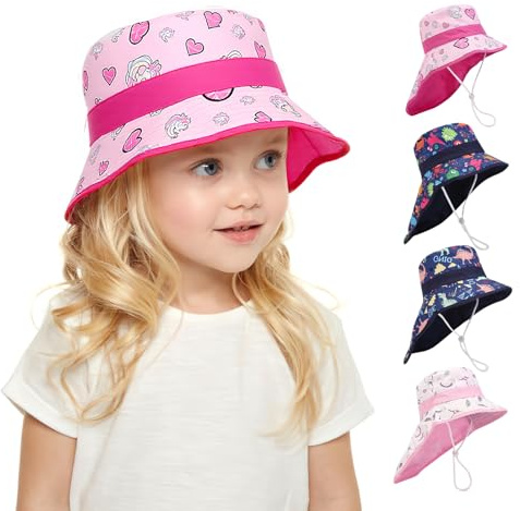 dellyy Cappello da Sole per Bambino, Cappello da Spiaggia per Bambini, Cappello Sole Bambino, Protezione UV UPF 50+, 4 Modelli (Unicorno, Arcobaleno, Dinosauro, Mostro) (IT, Numero, 52, Rosa A)