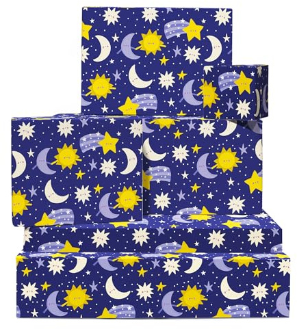Blått presentpapper – måne, stjärnor, rymden – 6 ark för barn, pojkar, flickor – för jul, födelsedag, dop, babyparty – lila design – inklusive etiketter