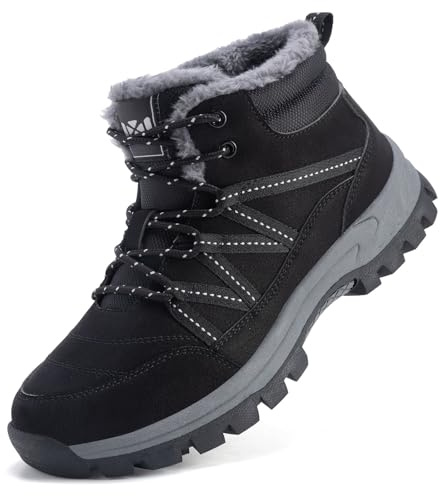 ZHNSHM Schneestiefel für Herren mit Fell gefüttert rutschfeste Winterstiefel wasserdicht Stiefeletten Outdoor-Wanderstiefel schwarz
