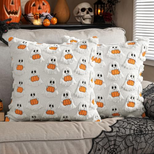Halloween Decoration Housse de Coussin, 2 Pièces Deco Automne de Housse Coussin, Fantôme Drôle en Peluche Taie Oreiller, 45 × 45 cm Protege Oreiller pour Canapé Salon Chambre Maison Décoration