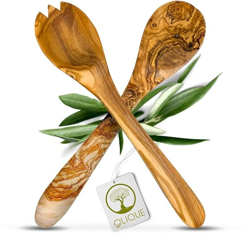 Couverts à salade en bois d'olivier - Couverts à salade faits à la main comme cadeau individuel (30 cm)