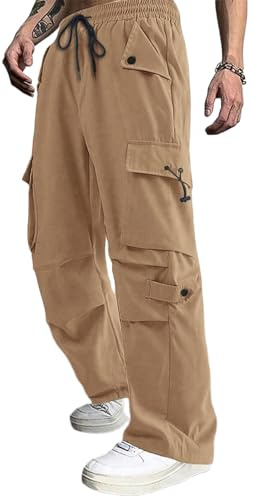 PADOLA Pantalones Paracaidistas para Hombre Pantalones Trabajo Holgados Multibolsillos Hip Hop Pantalón de Pierna Ancha(L,Amarillo)