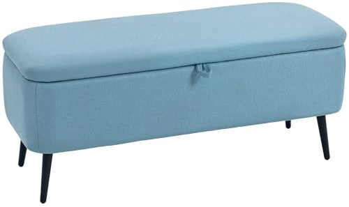 HOMCOM Puff Almacenaje Banco Almacenaje 61L Tapizado en Lino Sintético con Tapa Abatible y Patas de Acero para Dormitorio Salón Entrada Carga 150 kg 101x38,5x44,5 cm Azul Claro