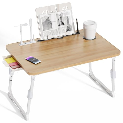 Warmiehomy Laptoptisch fürs Bett, Höhenverstellung Tablettisch mit klappbaren Beinen & Getränkehalter, Faltbarer Laptoptisch für Sofa, Multifunktionale Bettunterlage für Laptops, Arbeit im Bett