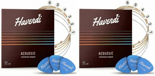 HAVENDI® Cuerdas de guitarra Western para guitarra acústica (6 cuerdas), de acero, con revestimiento de fósforo de bronce (juego de 6 cuerdas), incluye 3 púas (Paquete de 2)