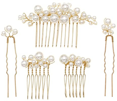 Sppry Pearl Hair Combs and Hair Pins for Bridal Women, Decorative Hair Accessories for Wedding Prom, Set of 5 (Gold)