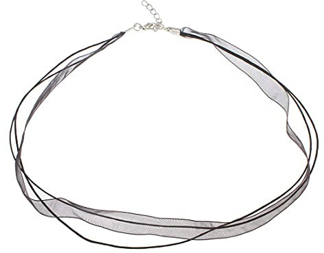 Perlin Collar de organza negro con cinta de cera, 44 cm, cadena con cierre de mosquetón y cadena de extensión, 10 unidades