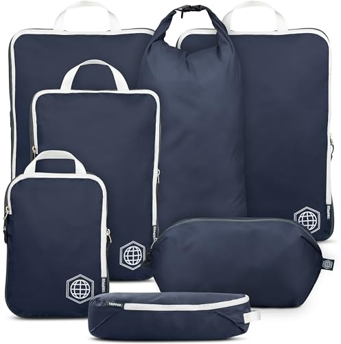 Cubos de embalaje de compresión extragrandes para viajes, cubos de embalaje extragrandes, organizadores de equipaje, juego de 7 piezas, ultraligeros, bolsas expandibles/de compresión para ropa (azul