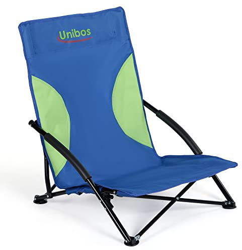 Unibos Folding Beach Chair with Padded Armrest, Outdoor Low Beach Chair Lightweight, Portable, Folding Outdoor Seat For Camping Beach Festivals Garden Caravan Trips Fishing BBQ With Carry Bag