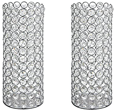 2 Pcs Crystal Metal Pillar Candle Holder, 10.4 Vintage Hurricane Candle Holder Decorative Cylinder Vases Great Centerpieces for Home Decor Wedding Parties Events