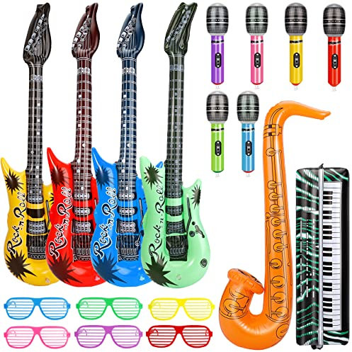 Dazarey Aufblasbare Musikinstrumente Kinder,18 Stück Aufblasbare Party Props,Aufblasbare Instrumente Spielzeug Set,Aufblasbare Gitarre,Aufblasbare Saxophon Mikrofon Tastatur Shading Gläser für Party