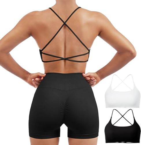SUUKSESS Women 2 Piece Open Back Sports Bra Pack Strappy Workout Gym Yoga Crops (White & Black, M)