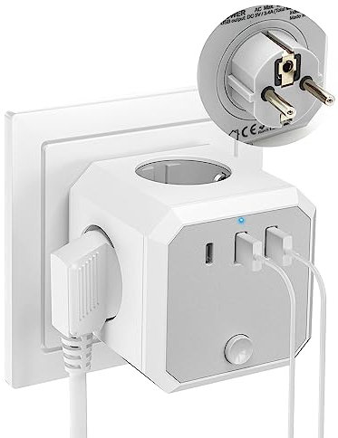 Murale Multiprise Prise Cube, 7 en 1 Multiprise Cube avec 4 Sorties AC, 2 Ports USB et 1 Type C, 4000W Power Prise USB avec Interrupteur, pour la Maison, Le Bureau, Les Voyages, Blanc