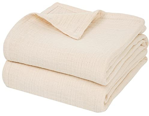 PHF 100% Baumwolle Musselin Decke 150x200cm, 4-lagige weiche hautfreundliche & atmungsaktive Tagesdecke, Ganzjahres-Komfort Linen Sofaüberwurf Couchdecke für Bett Sofa, Beige/Shortbread