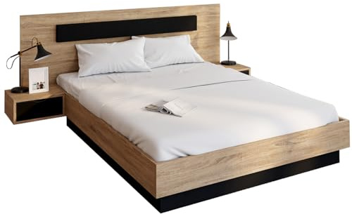 IDMarket - Lit Double Santa avec tête de lit + Tables de Chevet intégrées et sommier 140 x 190 cm Bois et Noir