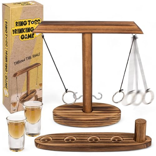 MIJOMA Ringwurfspiel aus Holz - Haken Ring Toss Game, ca. 25 cm, inkl. Leiter-Set und 2 Shot-Gläser für Erwachsene - Partyspaß für drinnen und draußen