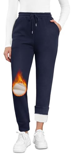 EDOTON Warme Damen Jogginghose Winter Fleece Verdickte Thermo Hosen Gefüttert mit Taschen Kordelzug Trainingshose Outdoor Freizeit Sporthose Sweatpants (A Blau,L)