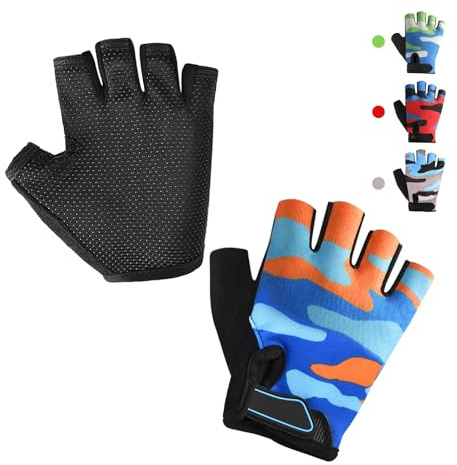 CubePlug barn halvfinger fingerlösa cykelhandskar – andningsbara, halkfria, stötsäkra, UV-skydd barnvantar – perfekt för utomhussport, träning, klättring, skateboard (kamouflage orange, S)