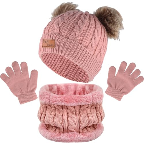 Chstarina Conjunto de Bufanda y Gorro y Guantes Bebe, Gorro de Punto Térmicos y Bufanda con Forro Polar, Invierno Cálidos Beanie Sombreros y Guantes con Pompon para Niños, Niñas (Rosa)