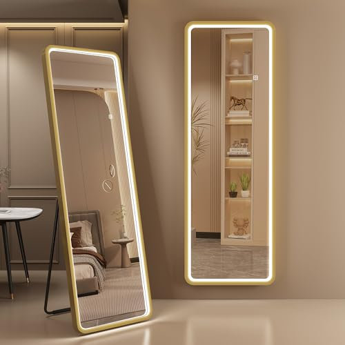 S'bagno Specchio da Parete Lungo con Luci 160x50 cm, Telaio in Alluminio, LED Specchio da Terra 3000-6500K & Memoria, Vetro Rinforzato, Specchio Lungo da Parete per Spogliatoi e Camere da Letto, Oro