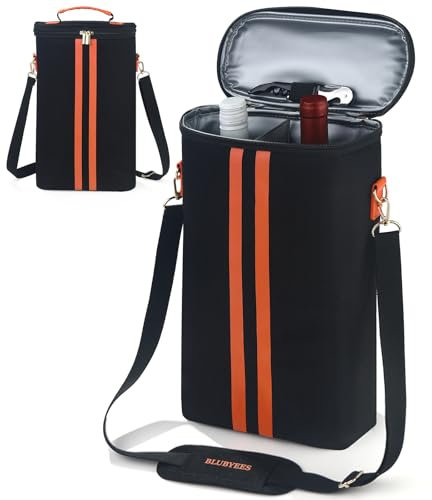 BLUBYEES 2-Bottle Insulated Wine Carrier Tote - Leakproof Padded 900D Oxford Wine Cooler Bag for Travel, Picnics, Beach & Parties - Ideal Wine Gift for Wine Lovers