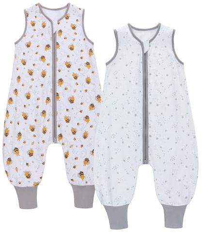2er Pack Baby Schlafsack Sommer mit Füßen 0.5 Tog 100% Baumwolle Kinder Sommerschlafsack für Jungen und Mädchen (Biene + Stern, XL/105-115CM)