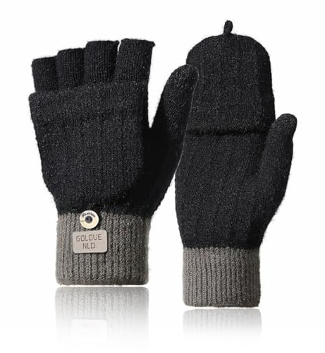 flintronic Winter Thermal Gloves, Convertible Fingerless Mitten, Flap Cover Mitten Gloves, Mens Winter Gloves, Stretchy Warm Gloves for Running Cycling Skiing Riding, Multipurpose